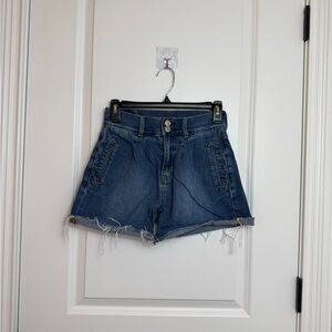 American Eagle Outfitters Dark Blue High-Rise Frayed Denim Shorts